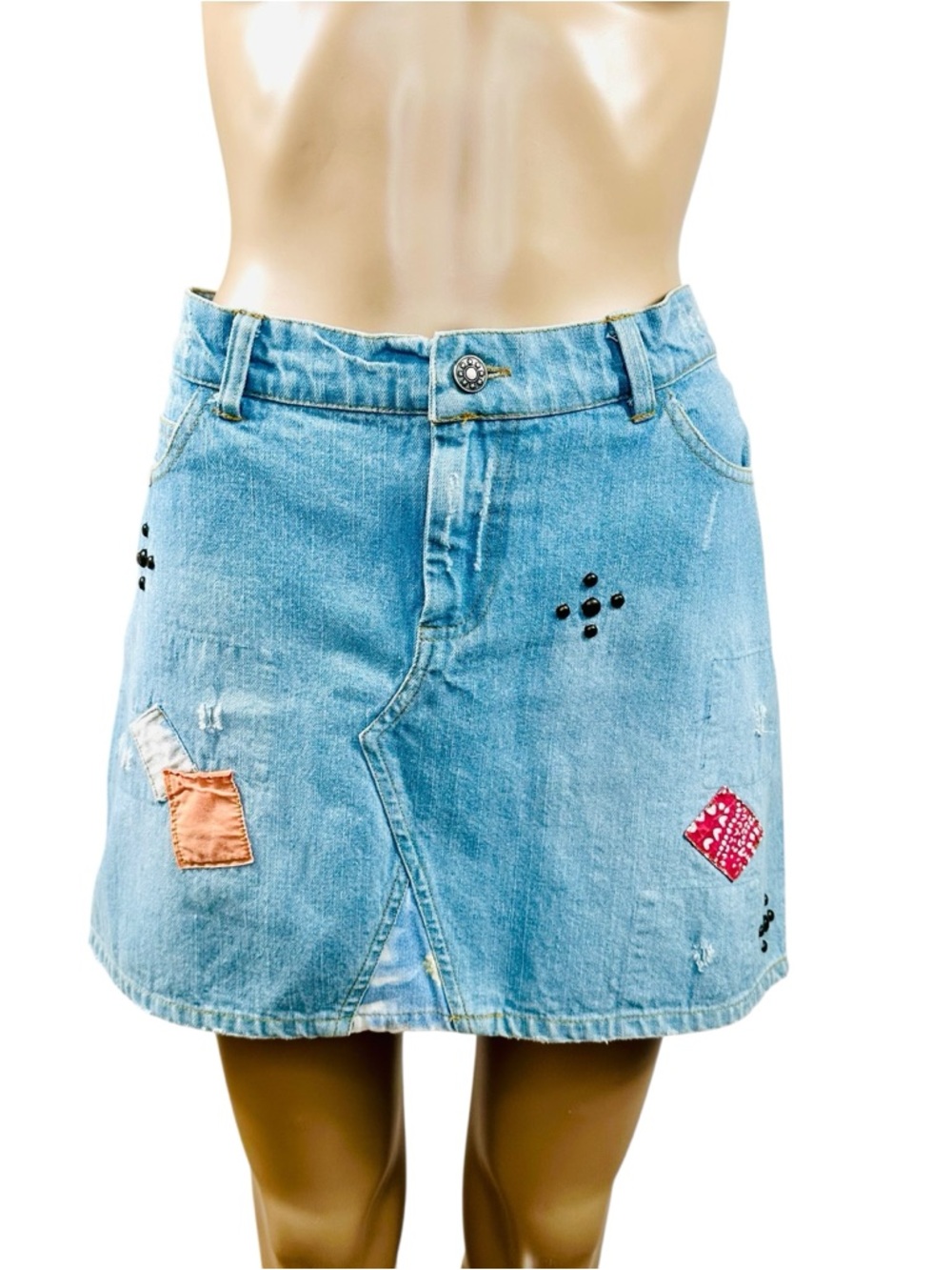 Pink Cattlelac 5 pocket Denim Mini Skirt with Patchwork and Studs Light Blue SzL